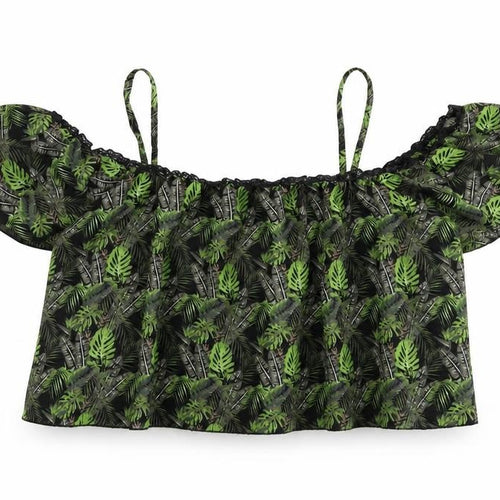 Blue Inc Womens Green Geometric Polyester Cropped Blouse Size 10 Square Neck - Leaf Print Cold Shoulder