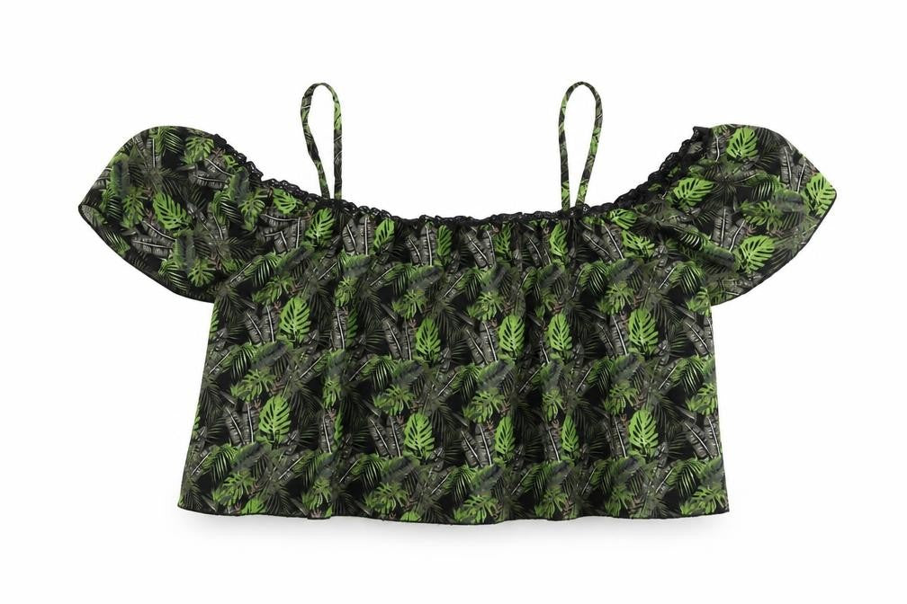 Blue Inc Womens Green Geometric Polyester Cropped Blouse Size 10 Square Neck - Leaf Print Cold Shoulder