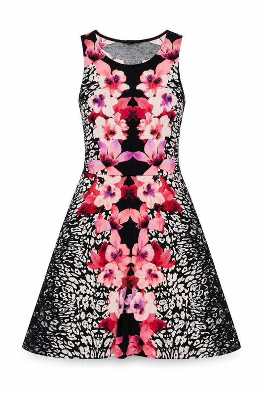 Front view of H&M women’s black floral polyester fit & flare, size M, round neck pullover
