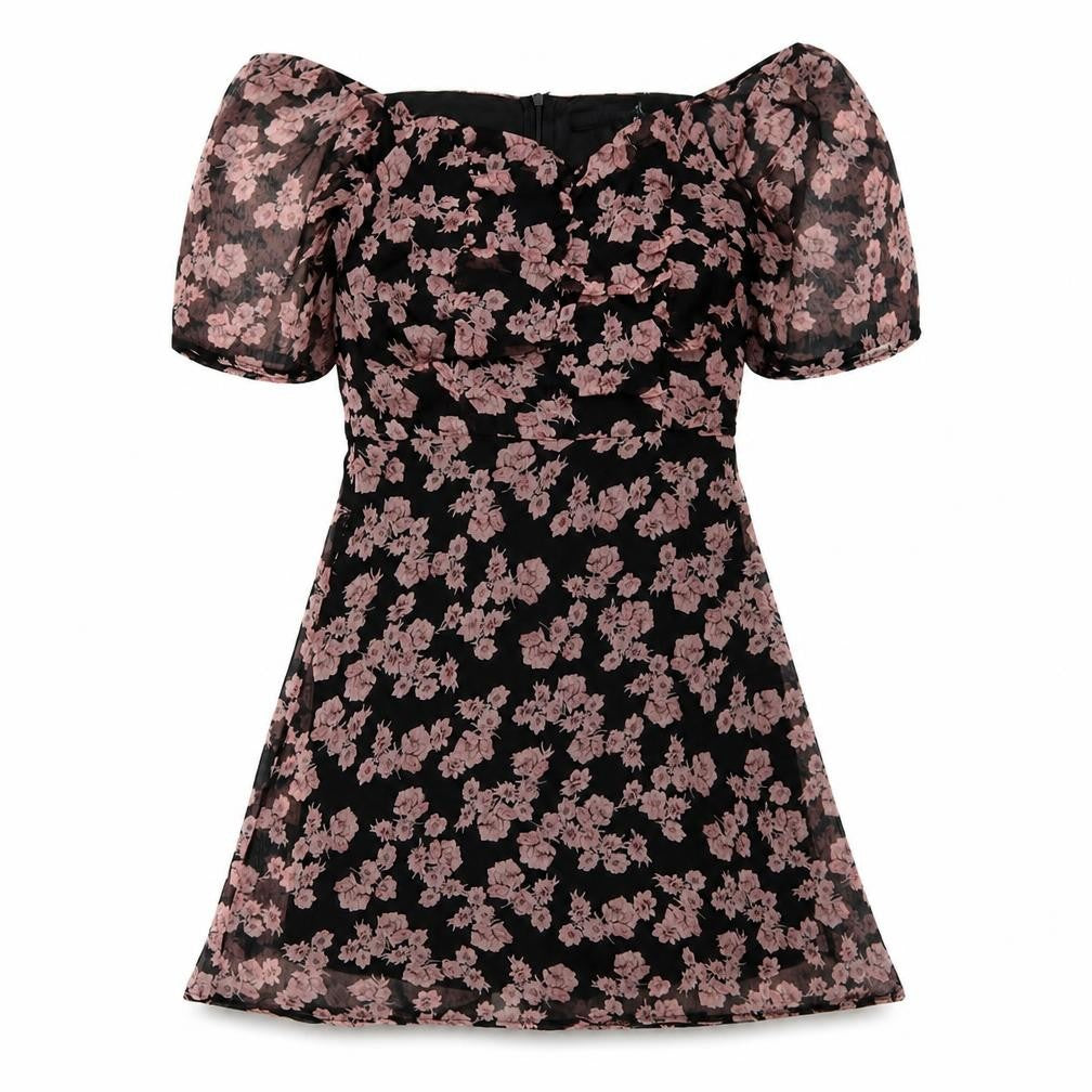 Missguided Womens Black Floral Polyester Trapeze & Swing Size 6 Off the Shoulder Zip