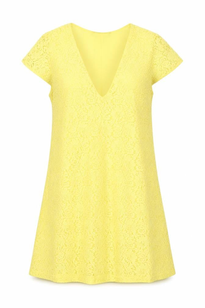 Front view of Zara women’s yellow geometric polyamide a-line, size M, v-neck pullover