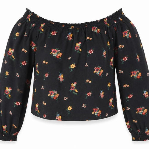 Divided Womens Black Floral Polyester Cropped Blouse Size XS Boat Neck
