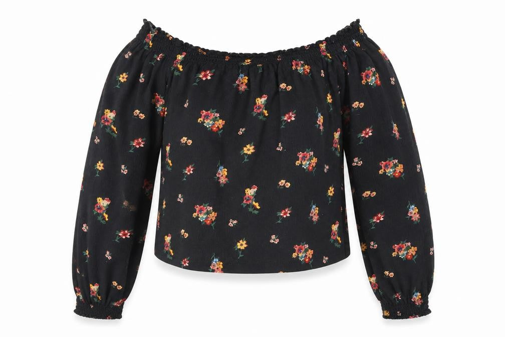 Divided Womens Black Floral Polyester Cropped Blouse Size XS Boat Neck