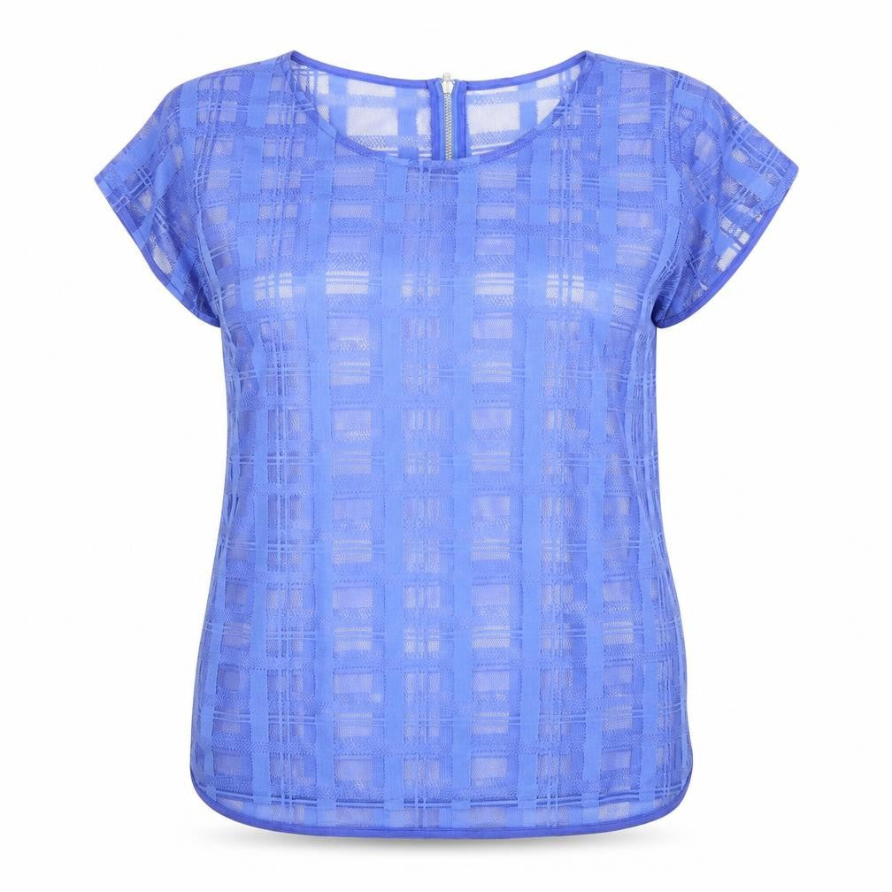 Front view of Next women’s blue plaid polyester basic t-shirt, size UK 14, scoop neck
