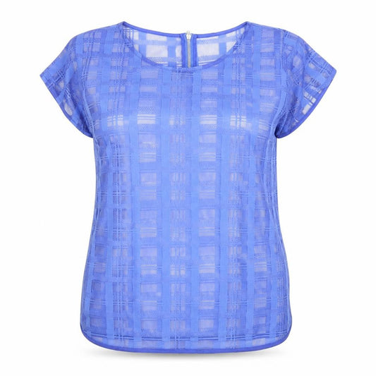 Front view of Next women’s blue plaid polyester basic t-shirt, size UK 14, scoop neck