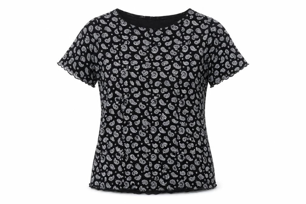Preworn Womens Black Paisley Nylon Basic T-Shirt Size M Boat Neck