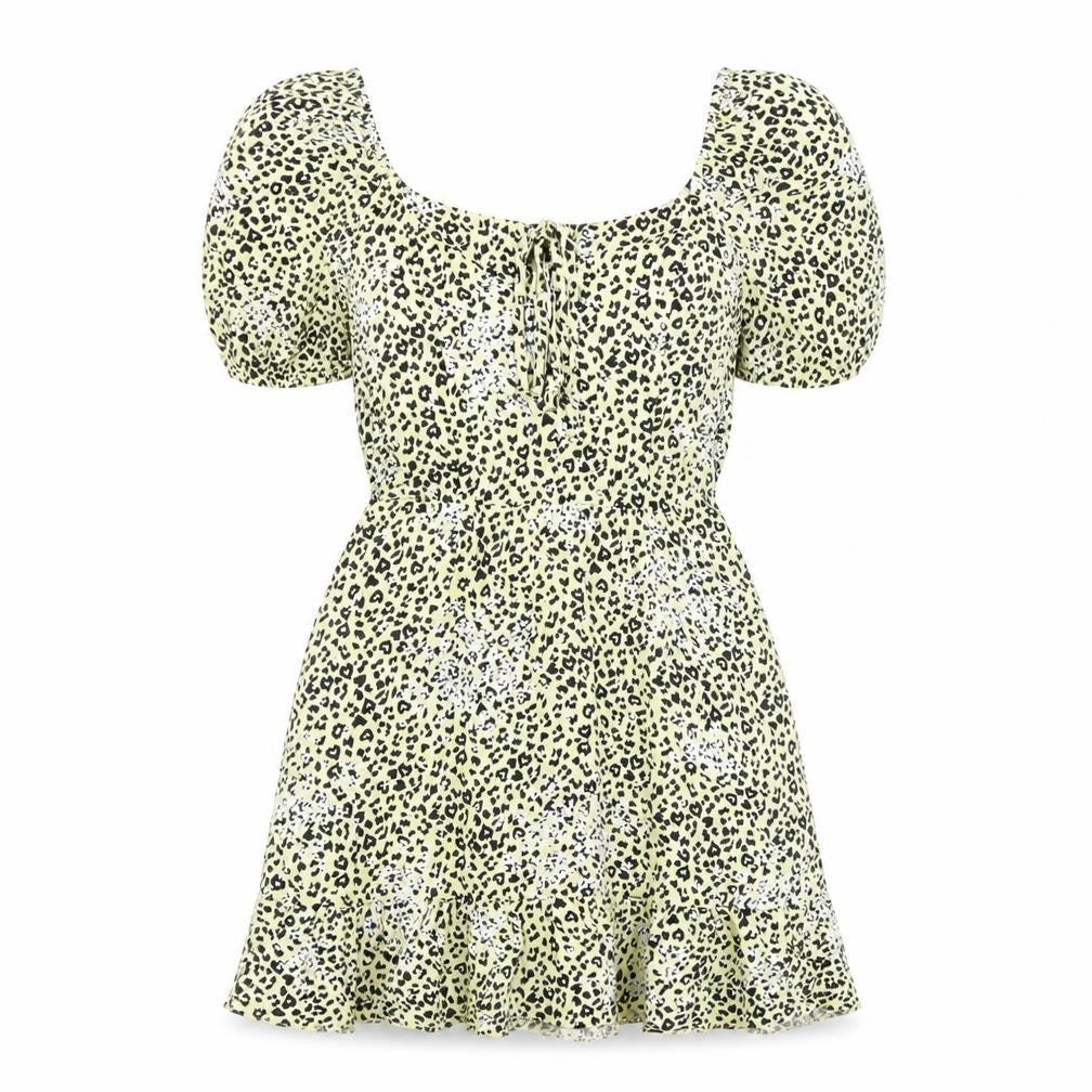 Miss Selfridge Womens Yellow Animal Print Viscose Fit & Flare Size 6 Round Neck Drawstring - Leopard Pattern