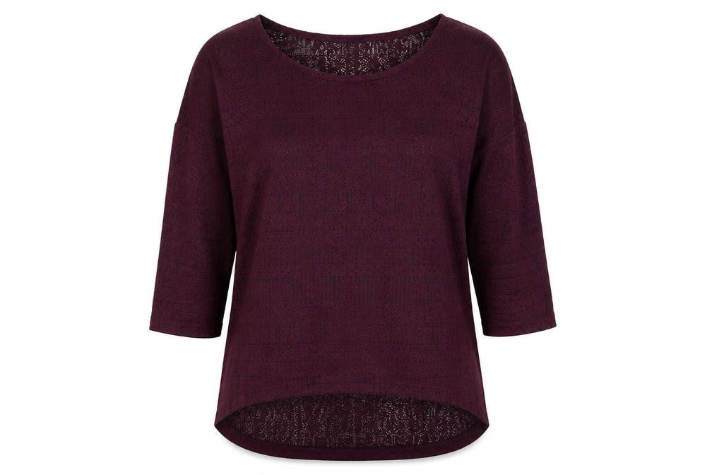 Front view of New Look women’s purple geometric polyester basic blouse, size UK 14, boat neck