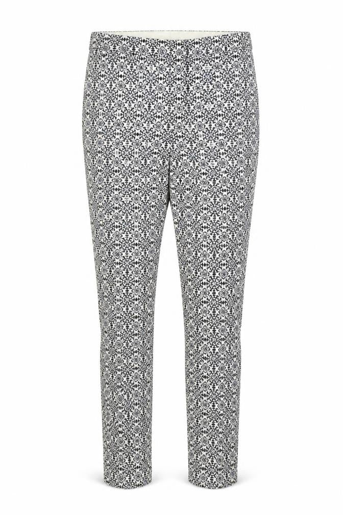 Front view of H&M women’s multicoloured geometric polyester trousers, size UK 8, regular zip