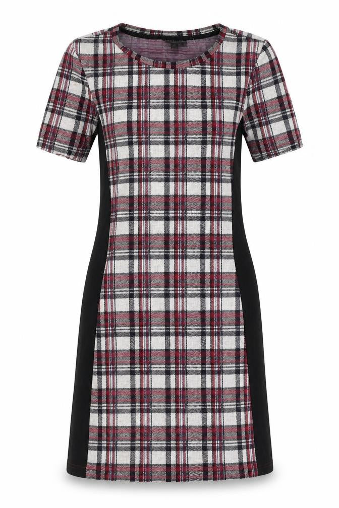 Front view of Topshop women’s multicoloured plaid polyester a-line, size UK 10, round neck pullover