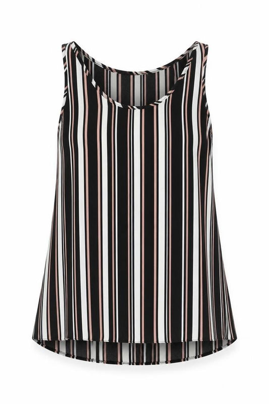 Front view of Atmosphere women’s black striped polyester basic tank, size UK 8, scoop neck