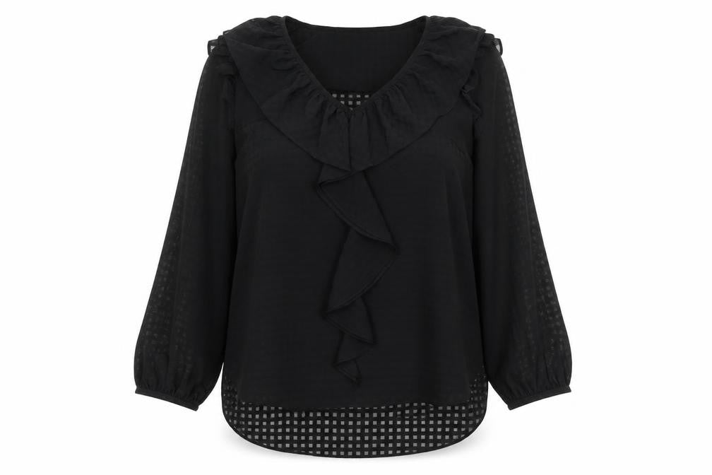 Front view of Wallis women’s black check polyester tunic blouse, size UK 10, v-neck