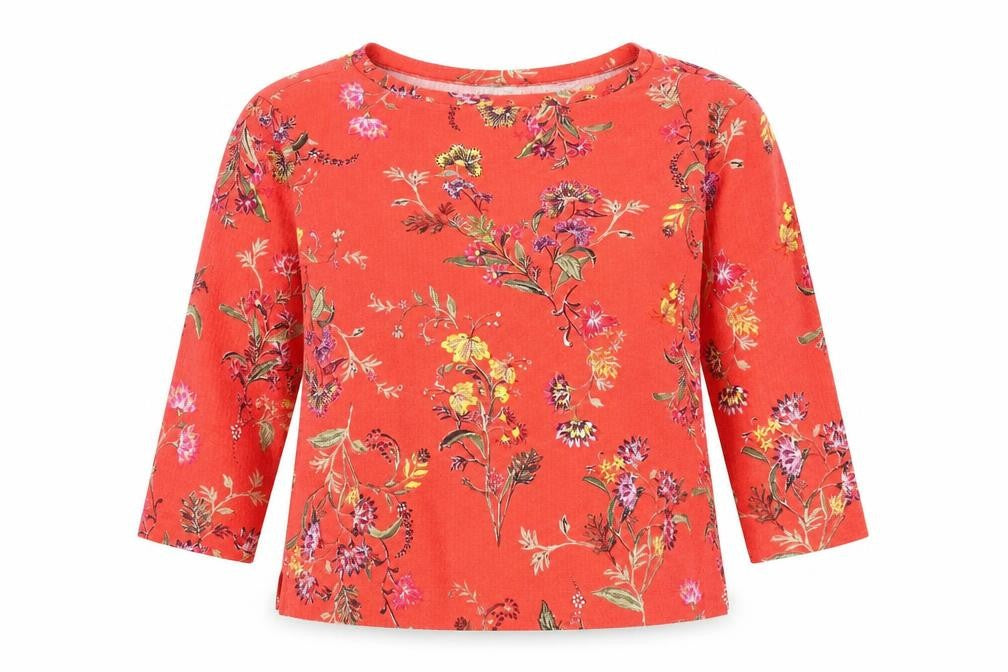 Front view of Marks & Spencer women’s red floral polyester basic blouse, size UK 12, boat neck