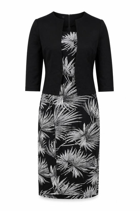 Front view of Homeeye women’s black floral polyester a-line, size UK 10, square neck zip