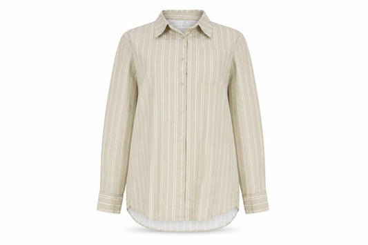 Front view of Collusion women’s brown striped 100% cotton basic button-up, size UK 8, collared