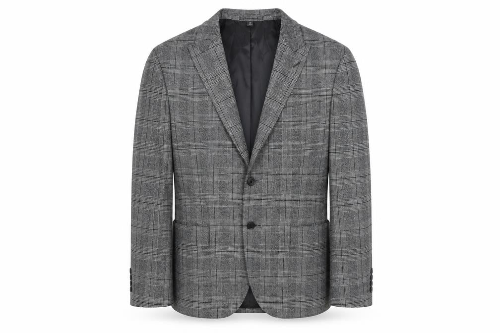 Front view of Marks & Spencer men’s grey plaid polyester jacket suit jacket, size 42, regular