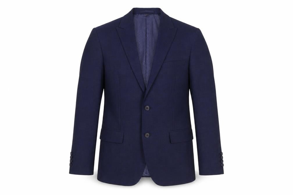 Front view of Marks & Spencer men’s blue polyester jacket suit jacket, size 40, regular