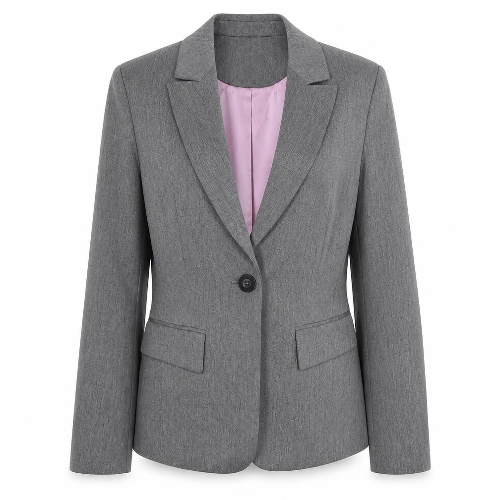 Front view of Slaters women’s grey polyester jacket blazer, size UK 6