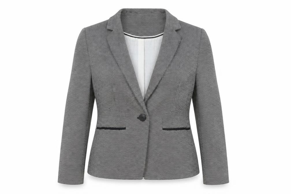 Front view of Marks & Spencer women’s black geometric polyester jacket blazer, size UK 14