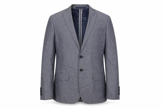 Front view of Autograph men’s green striped polyester jacket suit jacket, size 38, regular