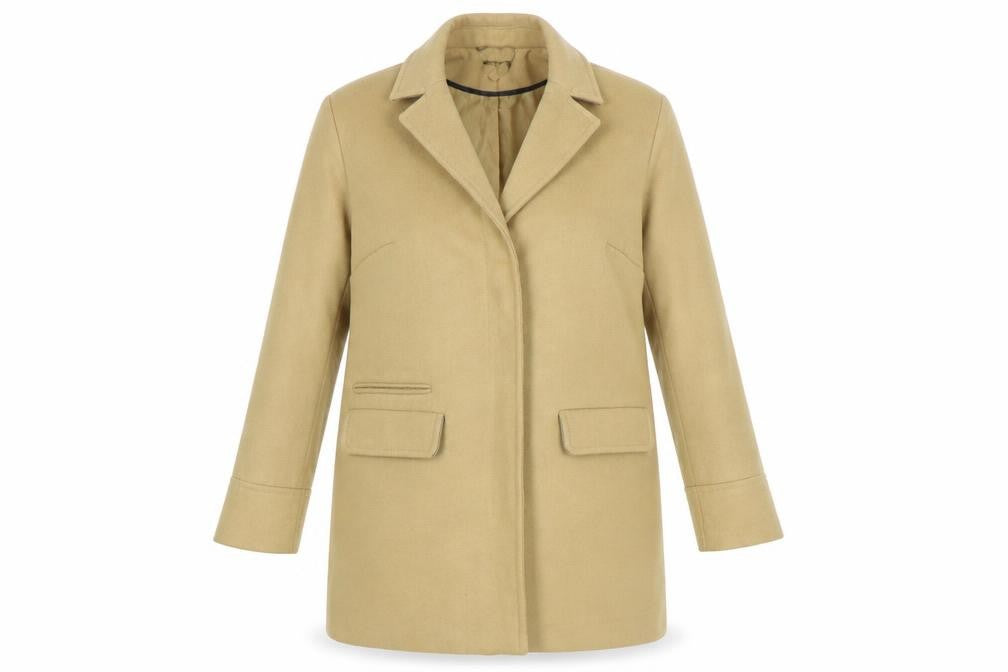 Front view of Topshop women’s brown overcoat coat, size UK 4, zip