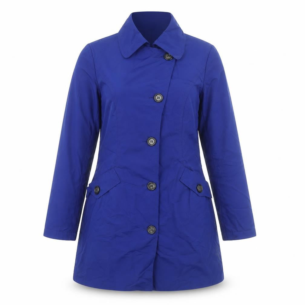 Front view of Marks & Spencer women’s blue trench coat coat, size UK 8, button