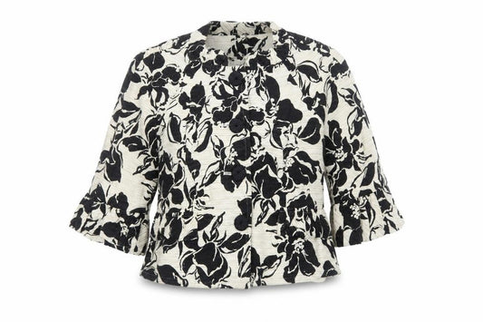 Front view of Ice women’s ivory floral jacket, size UK 10, button