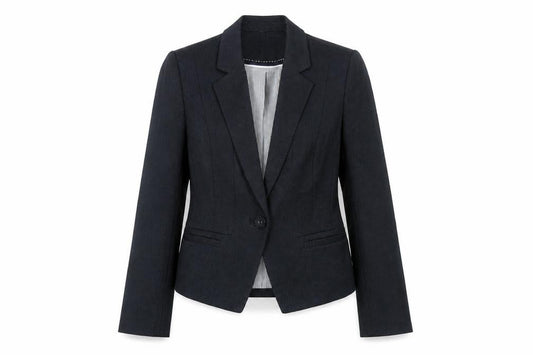 Front view of Marks & Spencer women’s blue polyester jacket blazer, size UK 10