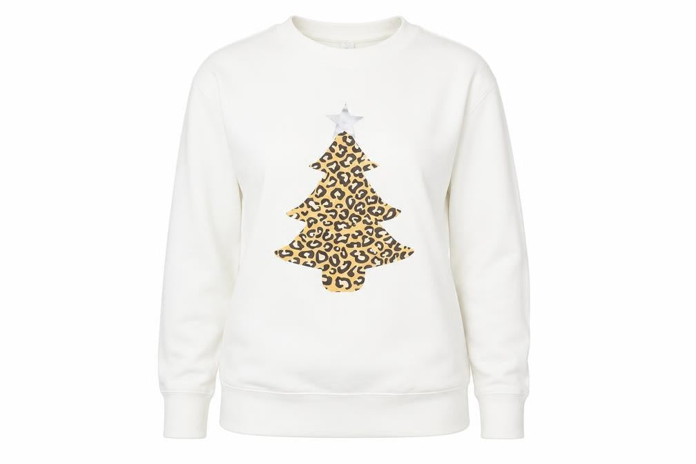 Front view of All We Do is women’s white animal print polyester pullover sweatshirt, pullover - leopard pattern christmas