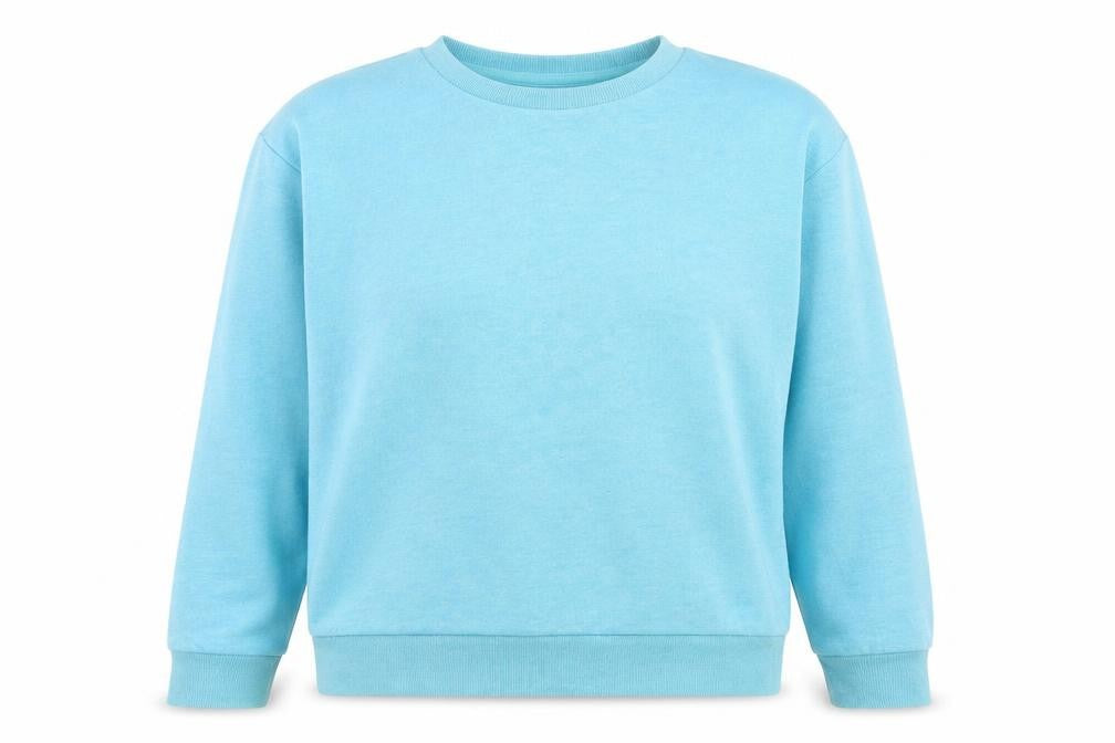 Front view of Primark women’s blue cotton pullover sweatshirt, size UK 8, pullover