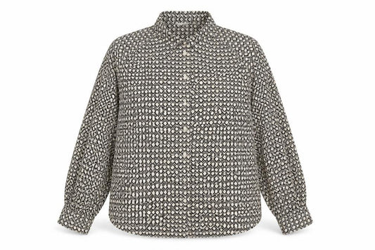 Front view of H&M women’s black geometric polyester basic button-up, size M, collared