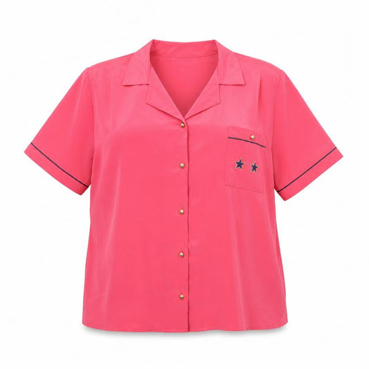 Front view of Preworn women’s pink viscose basic button-up, size L, collared - stars