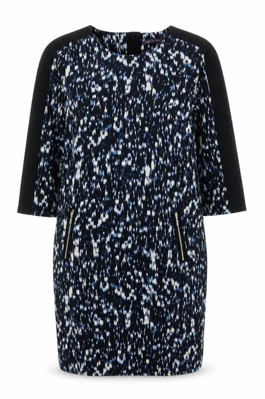 Front view of Marks & Spencer women’s black geometric polyester a-line, size UK 10, round neck zip