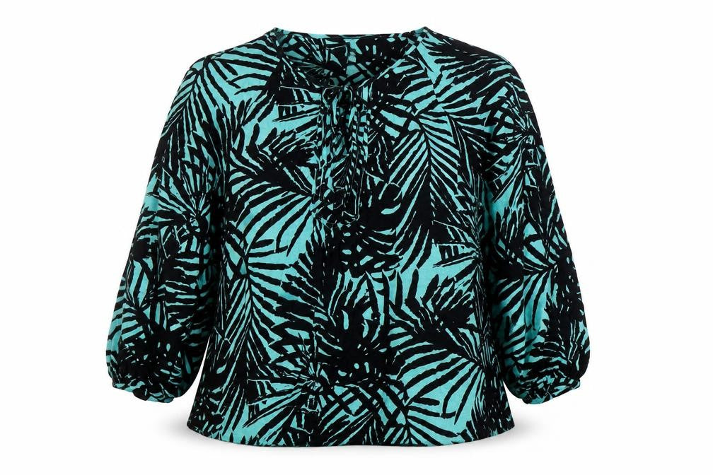 Front view of PURE Collection women’s black geometric viscose basic blouse, size UK 16, scoop neck