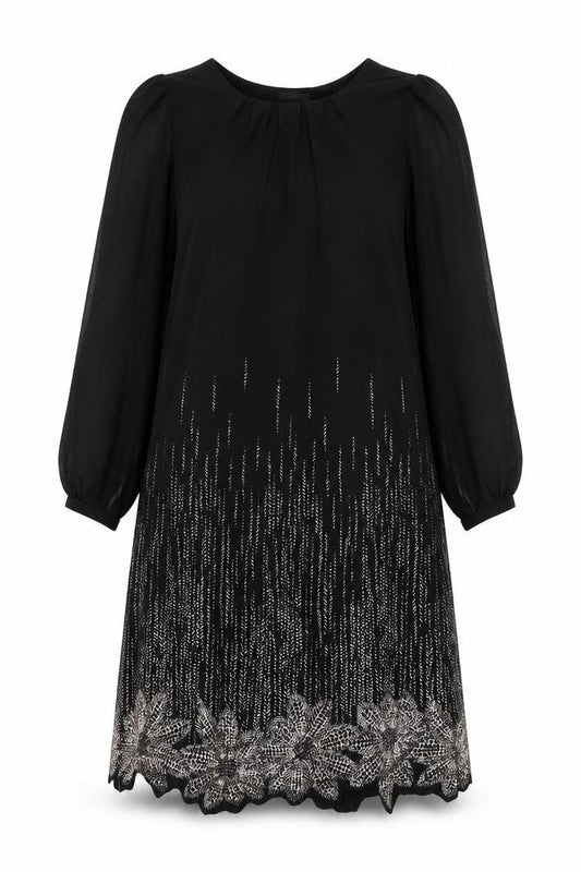 Front view of M&Co women’s black geometric polyester ball gown, size UK 14, round neck pullover