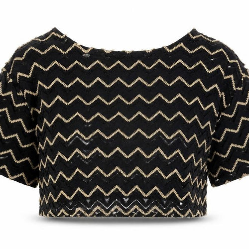 Staring at Stars Womens Black Geometric Nylon Cropped T-Shirt Size S Boat Neck