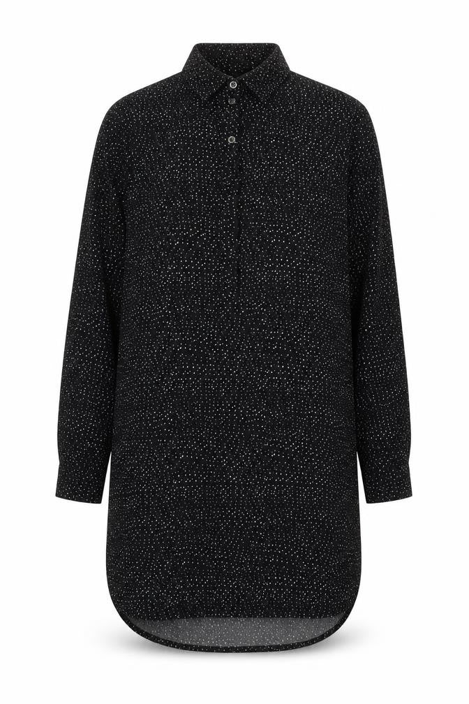 Front view of Lila Rose women’s black geometric polyester shirt dress, size M, collared button