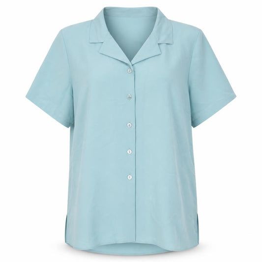 Front view of EWM women’s blue polyester basic button-up, size UK 10, collared