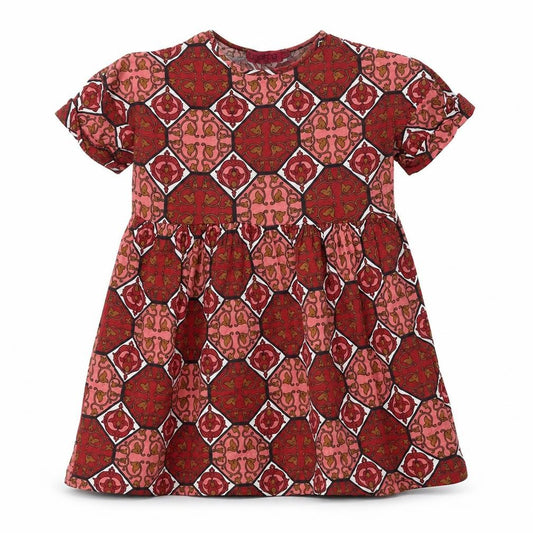 Front view of Boohoo women’s red geometric viscose fit & flare, size UK 6, round neck pullover