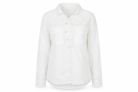 Front view of Preworn women’s white polyester basic blouse, size M, collared