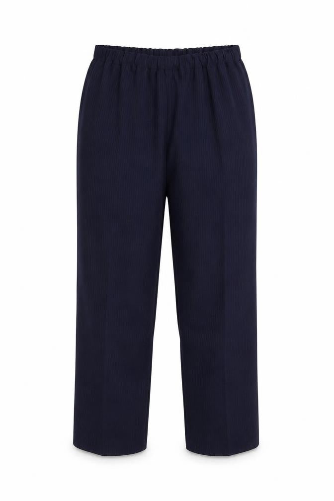 Front view of Preworn women’s blue polyester trousers, size UK 14, regular