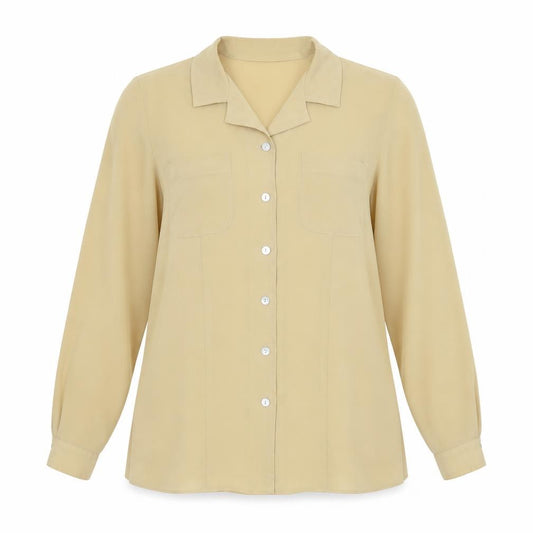 Front view of Dorothy Perkins women’s yellow polyester basic button-up, size UK 12, collared