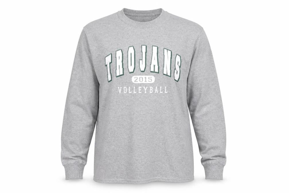 Front view of JERZEES men’s grey polyester pullover sweatshirt, size S, - trojans volleyball