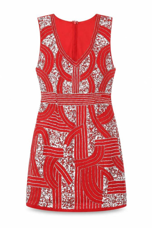Front view of Maya Deluxe women’s red geometric polyester a-line, size UK 10, v-neck zip
