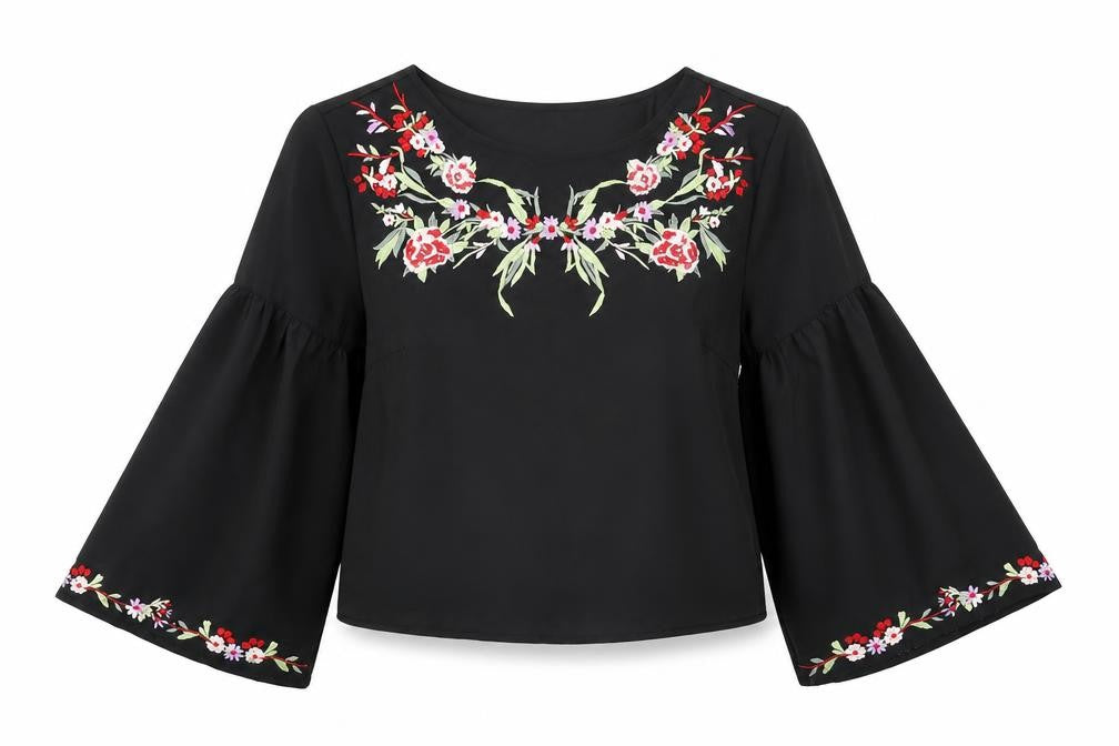 Miss Selfridge Womens Black Floral Polyester Cropped Blouse Size 4 Scoop Neck
