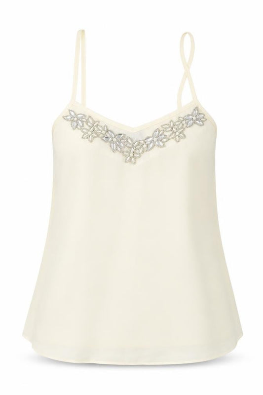 Front view of Topshop women’s white polyester camisole tank, size UK 4, v-neck