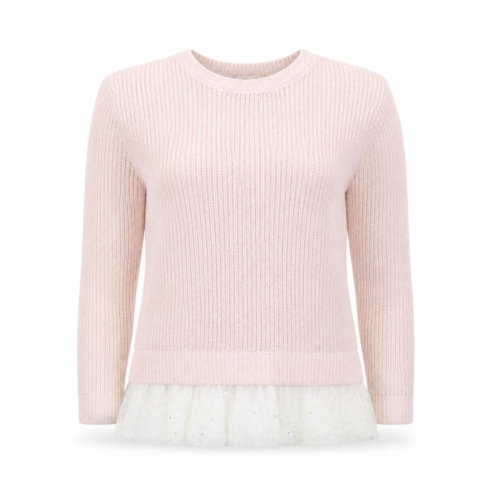 Front view of Pink Republic women’s pink round neck acrylic jumper, size UK 10
