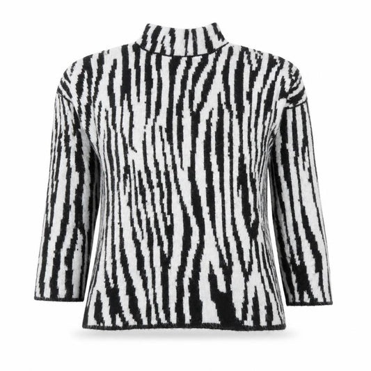 Front view of Warehouse women’s black mock neck animal print acrylic jumper, size UK 8, - zebra pattern