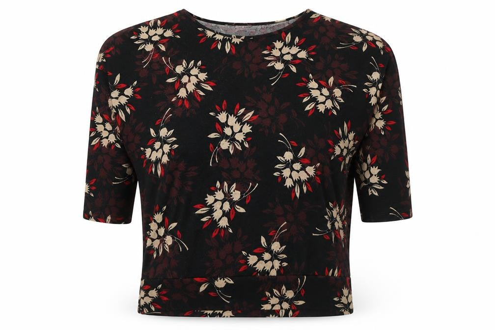 Front view of Apricot women’s black round neck floral polyester jumper, size UK 12