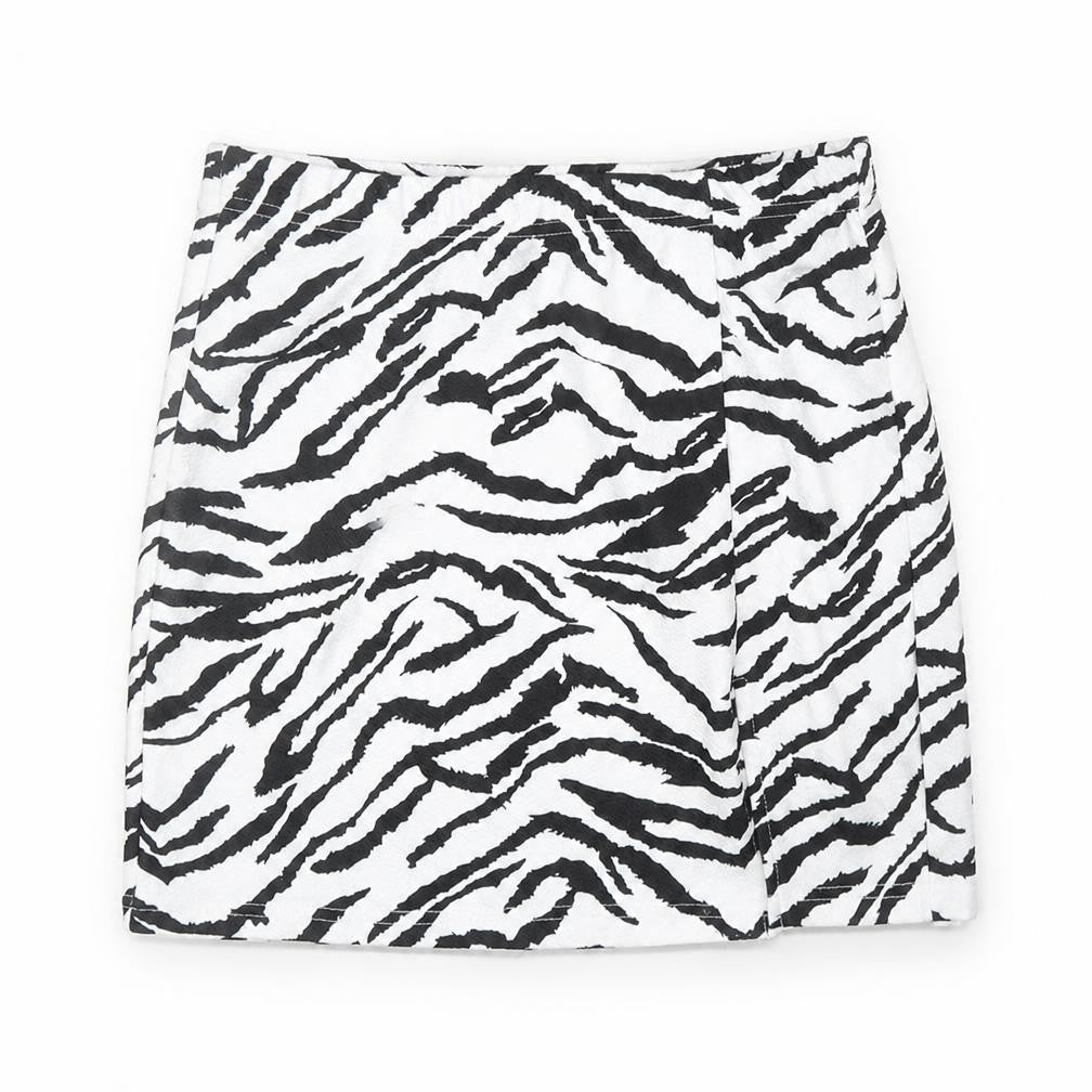 Front view of SHEIN women’s black animal print polyester bandage skirt, size S, - zebra pattern